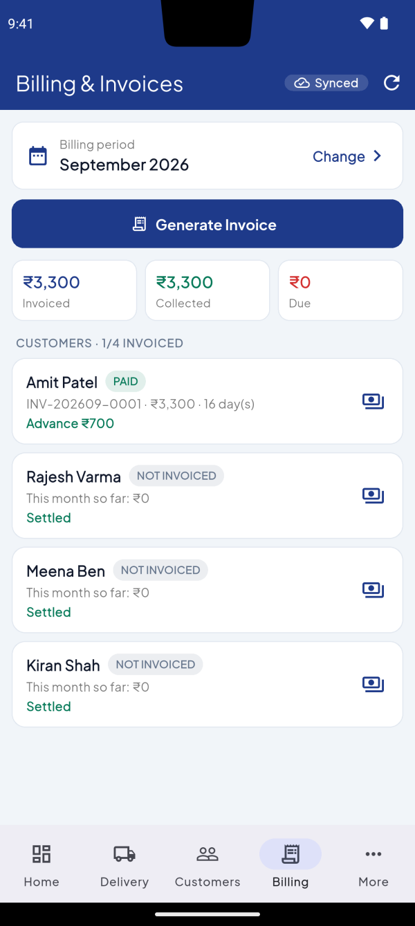 Billing screen: the month's invoiced, collected and due amounts, and each customer's bill status