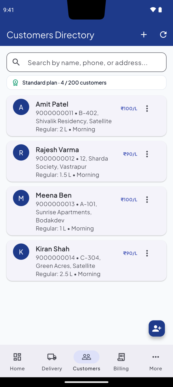 Customers screen: each customer's mobile number, address, rate per litre, regular quantity and delivery slot