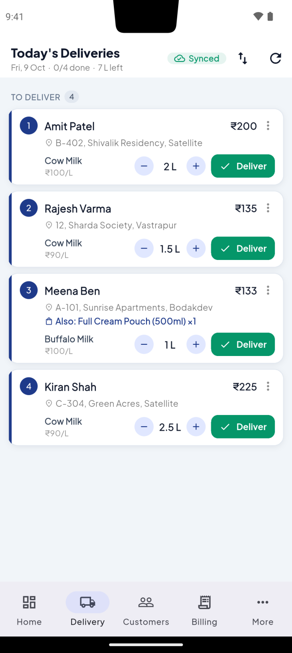 RozDoodh's Today's Deliveries screen: four customers in route order, each with a Deliver button, quantity and amount